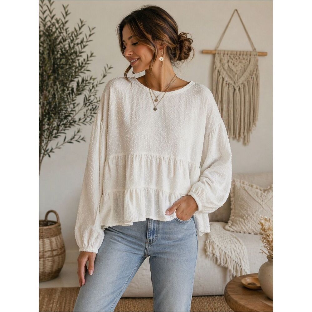 Anthropologie Blu Pepper White Swiss Dot Blouse